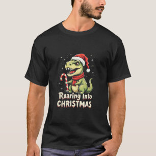 Roaring into Christmas T Rex Santa Hat Candy Cane  T-Shirt