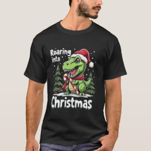 Roaring into Christmas T Rex Santa Hat Candy Cane  T-Shirt