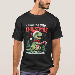 Roaring into Christmas T Rex Santa Hat Candy Cane  T-Shirt