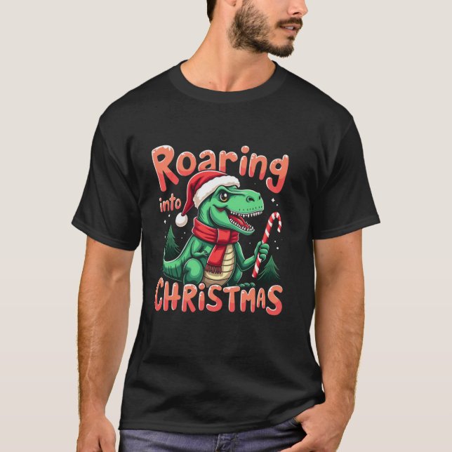Roaring into Christmas T Rex Santa Hat Candy Cane  T-Shirt (Front)