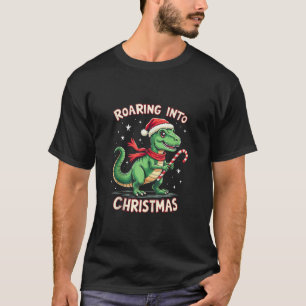 Roaring into Christmas T Rex Santa Hat Candy Cane  T-Shirt