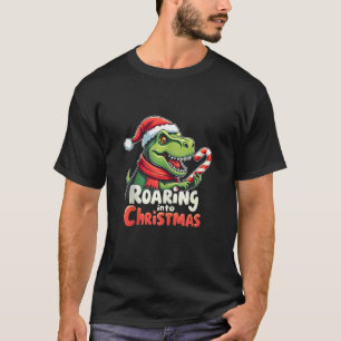 Roaring into Christmas T Rex Santa Hat Candy Cane  T-Shirt