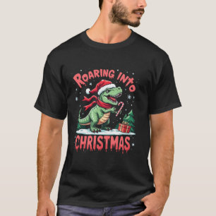 Roaring into Christmas T Rex Santa Hat Candy Cane  T-Shirt
