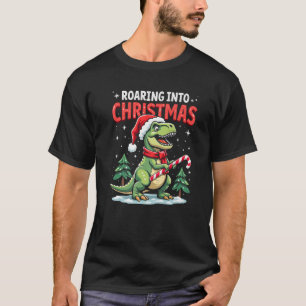Roaring into Christmas T Rex Santa Hat Candy Cane T-Shirt