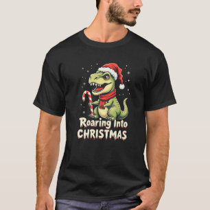 Roaring into Christmas T Rex Santa Hat Candy Cane T-Shirt