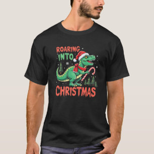 Roaring into Christmas T Rex Santa Hat Candy Cane T-Shirt