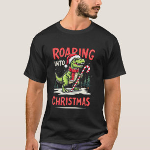 Roaring into Christmas T Rex Santa Hat Candy Cane  T-Shirt