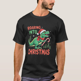 Roaring into Christmas T Rex Santa Hat Candy Cane  T-Shirt