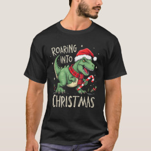 Roaring into Christmas T Rex Santa Hat Candy Cane  T-Shirt