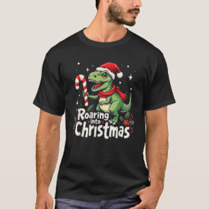 Roaring into Christmas T Rex Santa Hat Candy Cane  T-Shirt