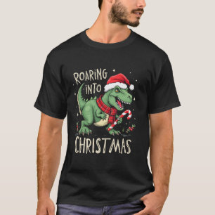 Roaring into Christmas T Rex Santa Hat Candy Cane  T-Shirt