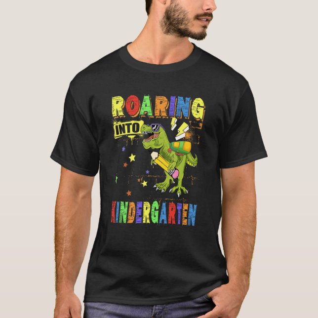 Roaring Into Kindergarten Dinosaur Backpack Back T T-Shirt (Front)