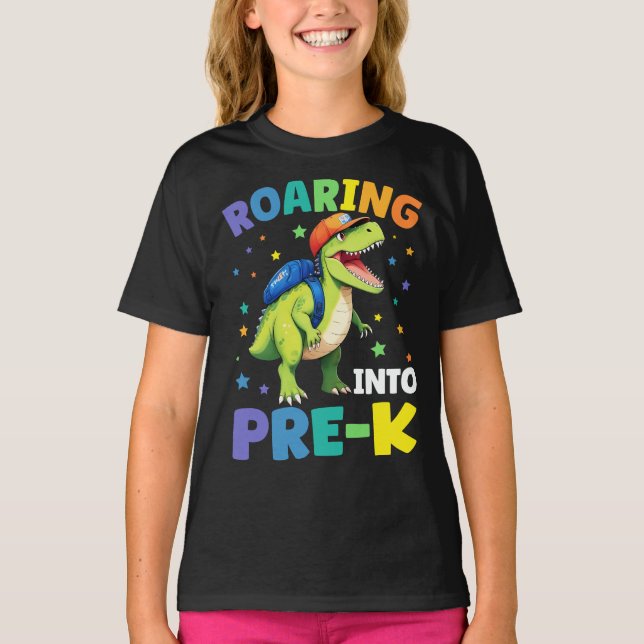 Roaring Into Pre-K Dinosaur T Rex Back To School T-Shirt (Front)