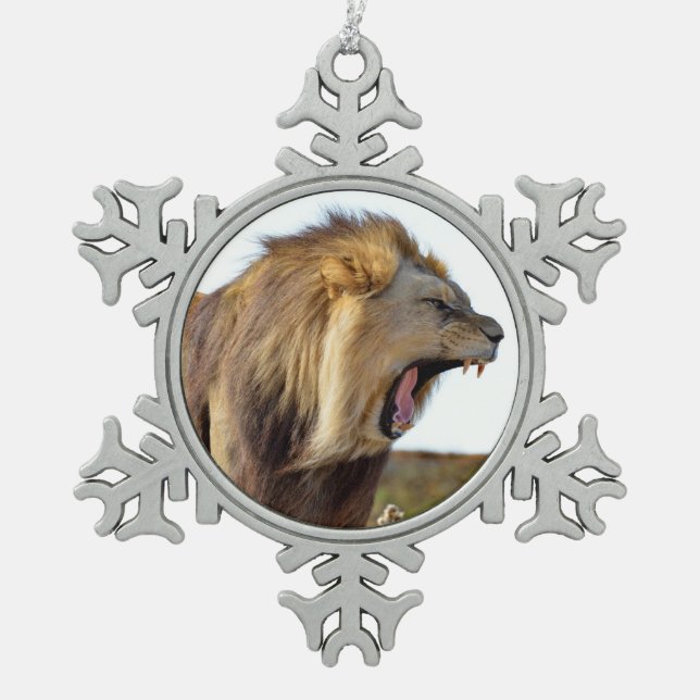 Roaring lion full of teeth  snowflake pewter christmas ornament (Front)