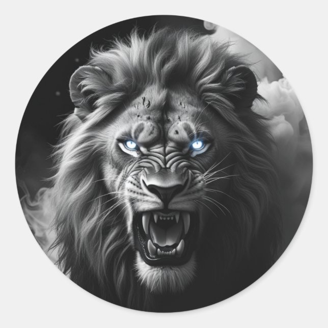 Roaring Lion Head Digital Painting Classic Round Sticker (Front)