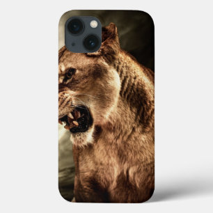 Roaring lioness against stormy sky iPhone 13 case