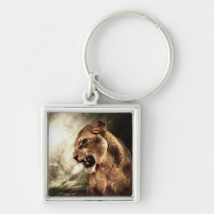 Roaring lioness against stormy sky keychain
