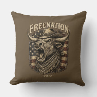 Roaring Longhorn Bull American Flag western Throw Pillow