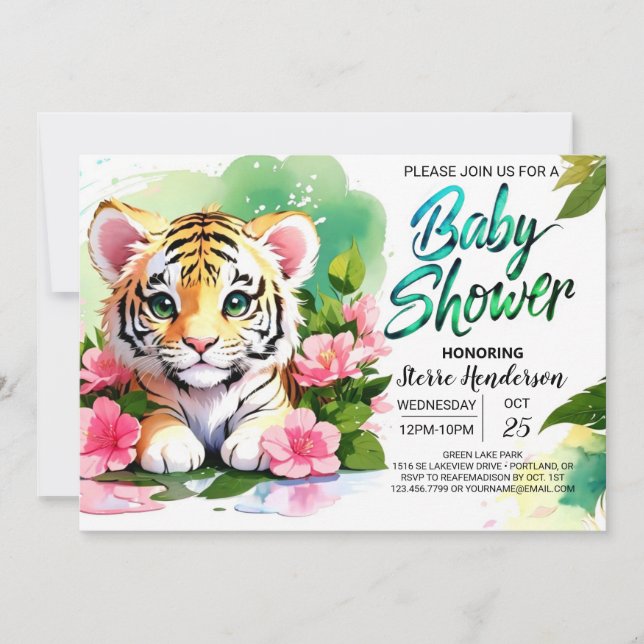 Roaring Pink Tiger Watercolor Baby Shower Invitation (Front)