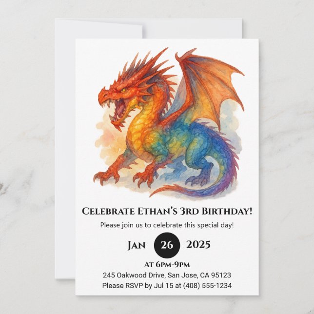 Roaring Rainbow Dragon Birthday Invitation (Front)