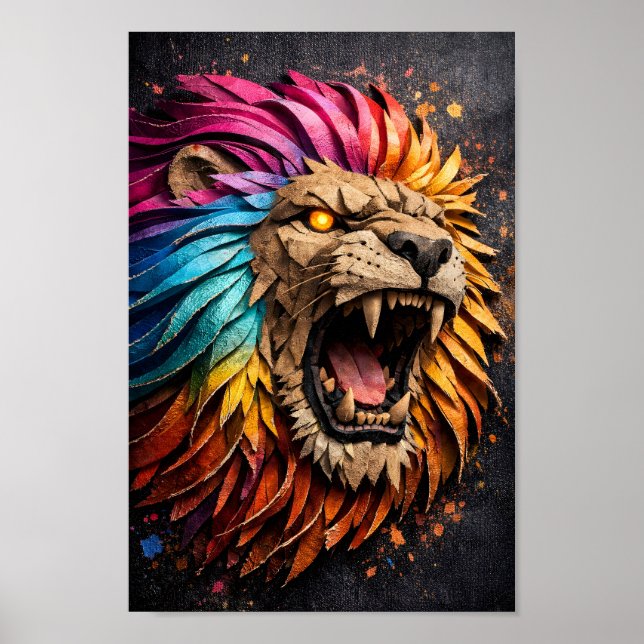 Roaring Rainbow Lion Paper Sculpture 3D Art Poster (Front)