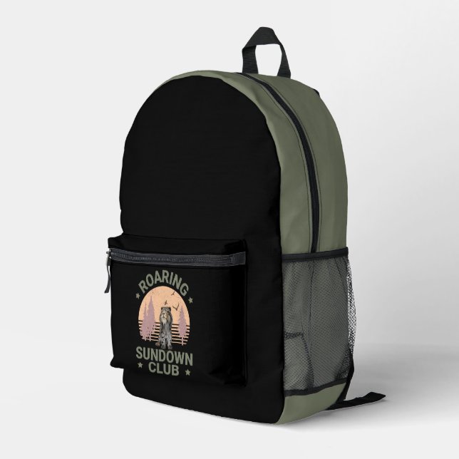 Roaring Sundown Club Sabertooth Tiger Printed Backpack (Back Corner Right)