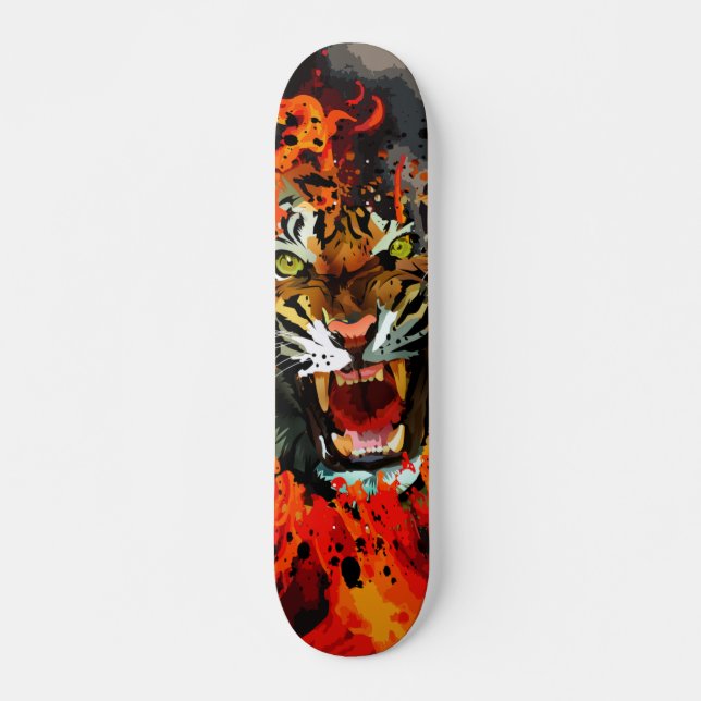 Roaring Tiger Abstract Fire Flame Street Art Skateboard (Front)