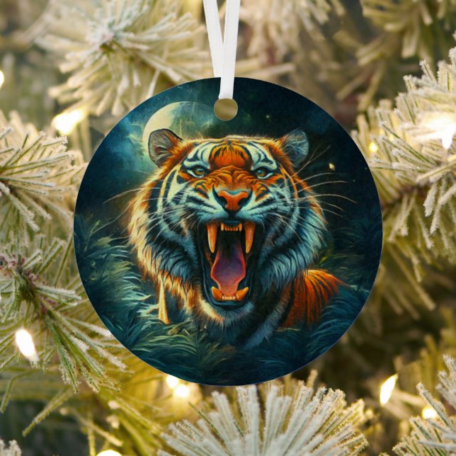 Roaring Tiger Moonlit Jungle Metal Ornament (Insitu)