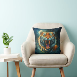 Roaring Tiger Moonlit Jungle Throw Pillow