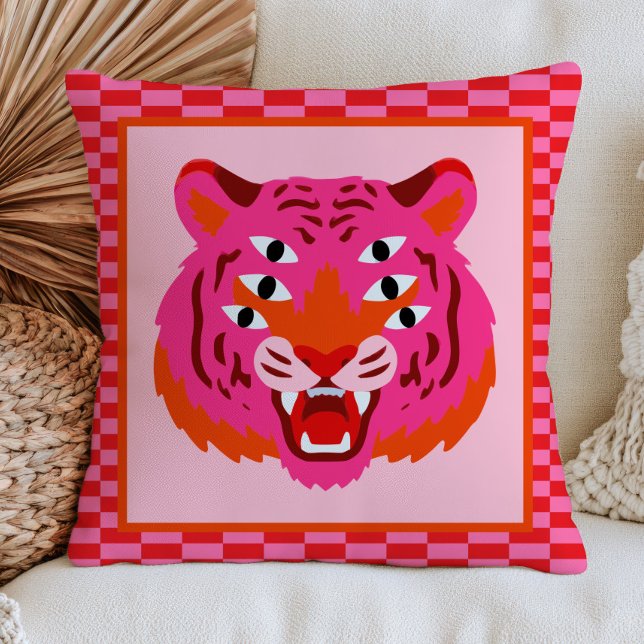 Roaring Tiger on Chequered Pattern Funky Pink Throw Pillow (Creator Uploaded)