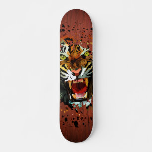 Roaring Tiger Paint Splatter on Dark Red Wood  Skateboard