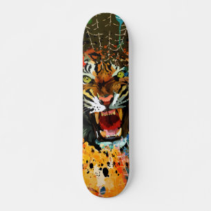 Roaring Tiger Paint Splatter Spider Web Street Art Skateboard
