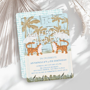 Roaring Tigers Blue Chinoiserie Mahjong Birthday Invitation