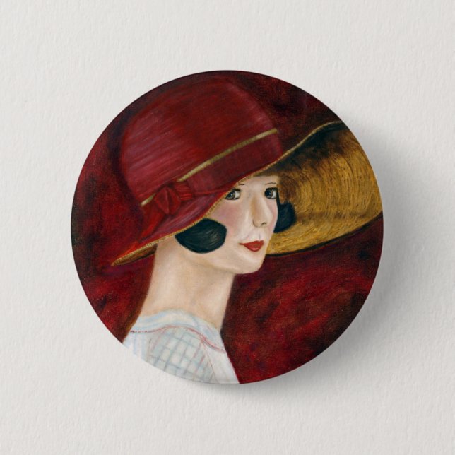 Roaring Twenties 1920s Flapper Girl in Red Hat 2 Inch Round Button (Front)
