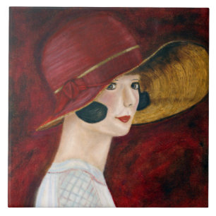 Roaring Twenties 1920s Flapper Girl in Red Hat Tile