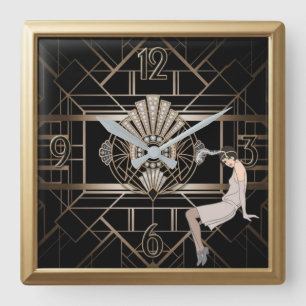 Roaring Twenties Art Deco Flapper Girl Geometric  Square Wall Clock