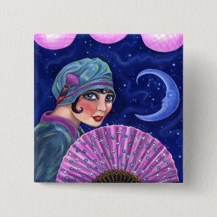 Roaring Twenties Flapper Girl Fan Moon Stars 2 Inch Square Button