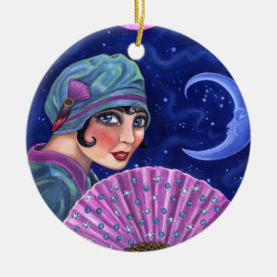 Roaring Twenties Flapper Girl Fan Moon Stars Ceramic Ornament