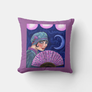 Roaring Twenties Flapper Girl Fan Moon Stars Throw Pillow