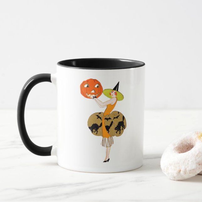Roaring Twenties Girl with Jack-o-Lantern Mug (With Donut)