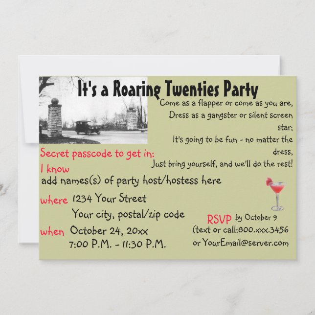 Roaring Twenties Speakeasy Theme Party Invitation (Front)