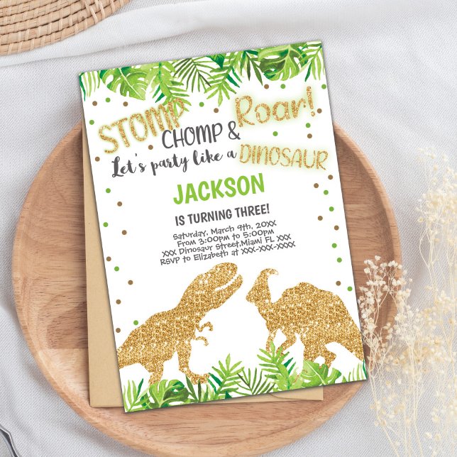 Roarsome Kids Party Card with Sparkle (Glitter Dinosaurs Birthday Invitations)