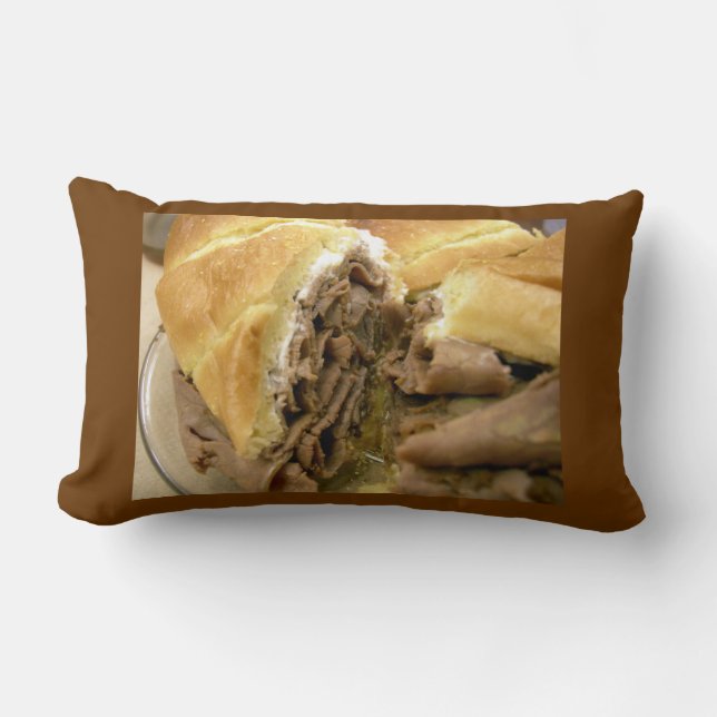 Roast beef sandwich with creamy goat cheese lumbar pillow (Front)
