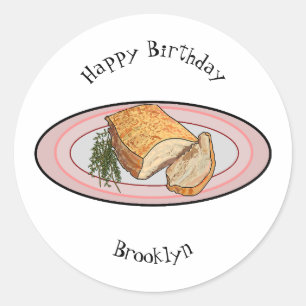 Roast pork belly cartoon illustration classic round sticker