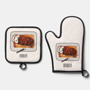Roast turkey breast cartoon illustration oven mitt & pot holder set