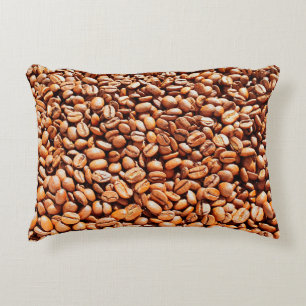 roasted aromatic coffee beans in sunlight, coffee accent pillow