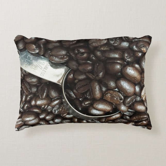Roasted Coffee Beans With Silver Scoop Photograph Accent Pillow (Front)