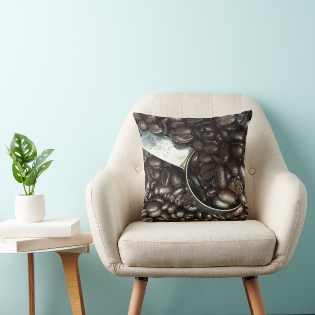 Roasted Coffee Beans With Silver Scoop Photograph Throw Pillow (Chair)