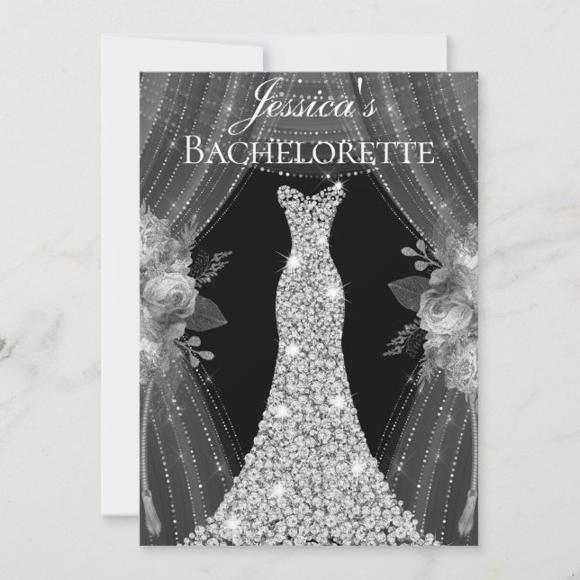 Robe Argent Floral Élégant Invitation de Bachelore (Devant)