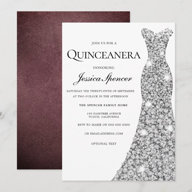 Robe Argent Sparkle Velvet Quinceanera Invitation (Devant / Derrière)